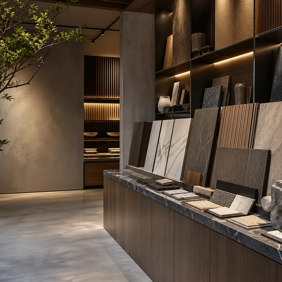 High-end materials showroom with stone, wood, and interior finish materials for project sourcing