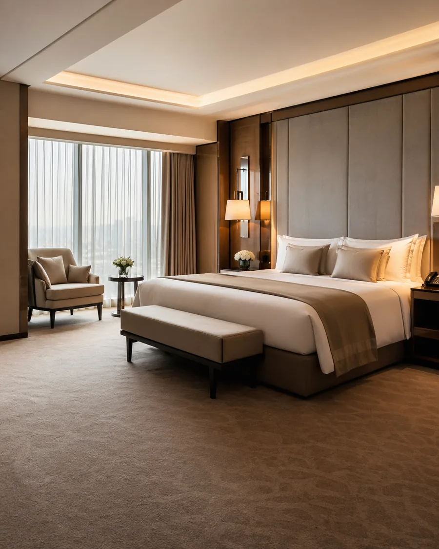 Modern hotel guest room interior for hotel FF&E sourcing and hospitality furniture procurement