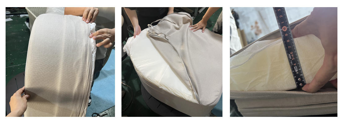 Outdoor furniture cushion fabric and sewing inspection